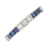 A circular-cut diamond and calibre-cut sapphire half eternity ring.Estimated total diamond weight