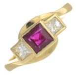 An 18ct gold square-shape ruby and diamond three-stone ring.Ruby calculated weight 0.54ct,