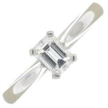 A platinum rectangular-shape diamond single-stone ring.Diamond weight 0.43ct,