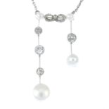 An early 20th century platinum cultured pearl and old-cut diamond negligee necklace.Estimated total