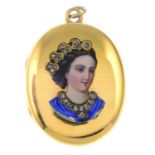 A late 19th century gold rose-cut diamond, enamel locket, depicting a lady.Length 3.3cms.