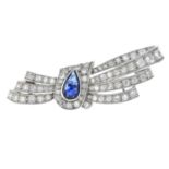 A sapphire and single-cut diamond bow brooch.Sapphire calculated weight 0.92ct,