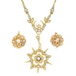 An early 20th century gold split pearl floral cluster necklace, with similarly designed earrings.