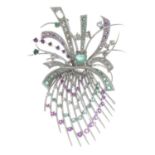 An emerald, ruby and vari-cut diamond spray brooch.Principal emerald calculated weight 1.01cts,