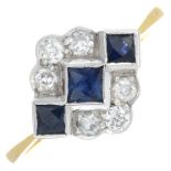 A square-shape sapphire and brilliant-cut diamond dress ring.Estimated total diamond weight 0.25ct.