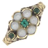 A mid 19th century gold split pearl and vari-cut emerald ring.Ring size N.