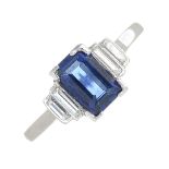 A rectangular-shape sapphire and baguette-cut diamond ring.Sapphire calculated weight 1.14cts,