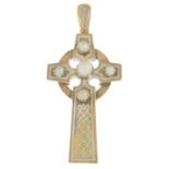 An mid Victorian 15ct gold enamel and split pearl Celtic cross pendant, Circa 1870.Length 5.6cms.