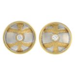 A pair of 18ct gold diamond bi-colour earrings.Estimated total diamond weight 0.30ct,