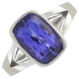 An 18ct gold rectangular-shape tanzanite single-stone ring.Tanzanite weight 3cts.Hallmarks for