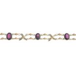 An early 20th century 15ct gold oval-shape garnet and split pearl bracelet.Total garnet weight