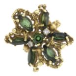 A vari-shape green tourmaline and brilliant-cut diamond floral dress ring.Stamped 14K.Ring size