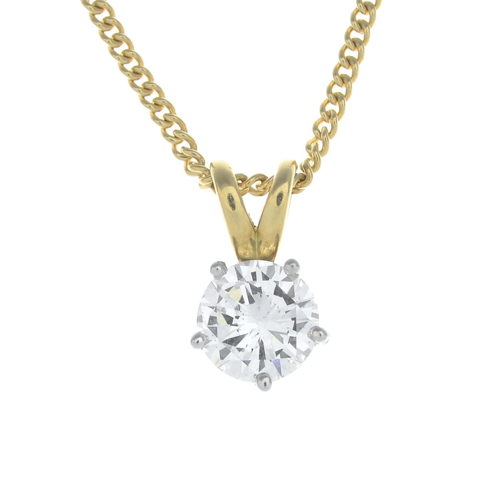 An 18ct gold brilliant-cut diamond pendant, suspended from a curb-link chain.