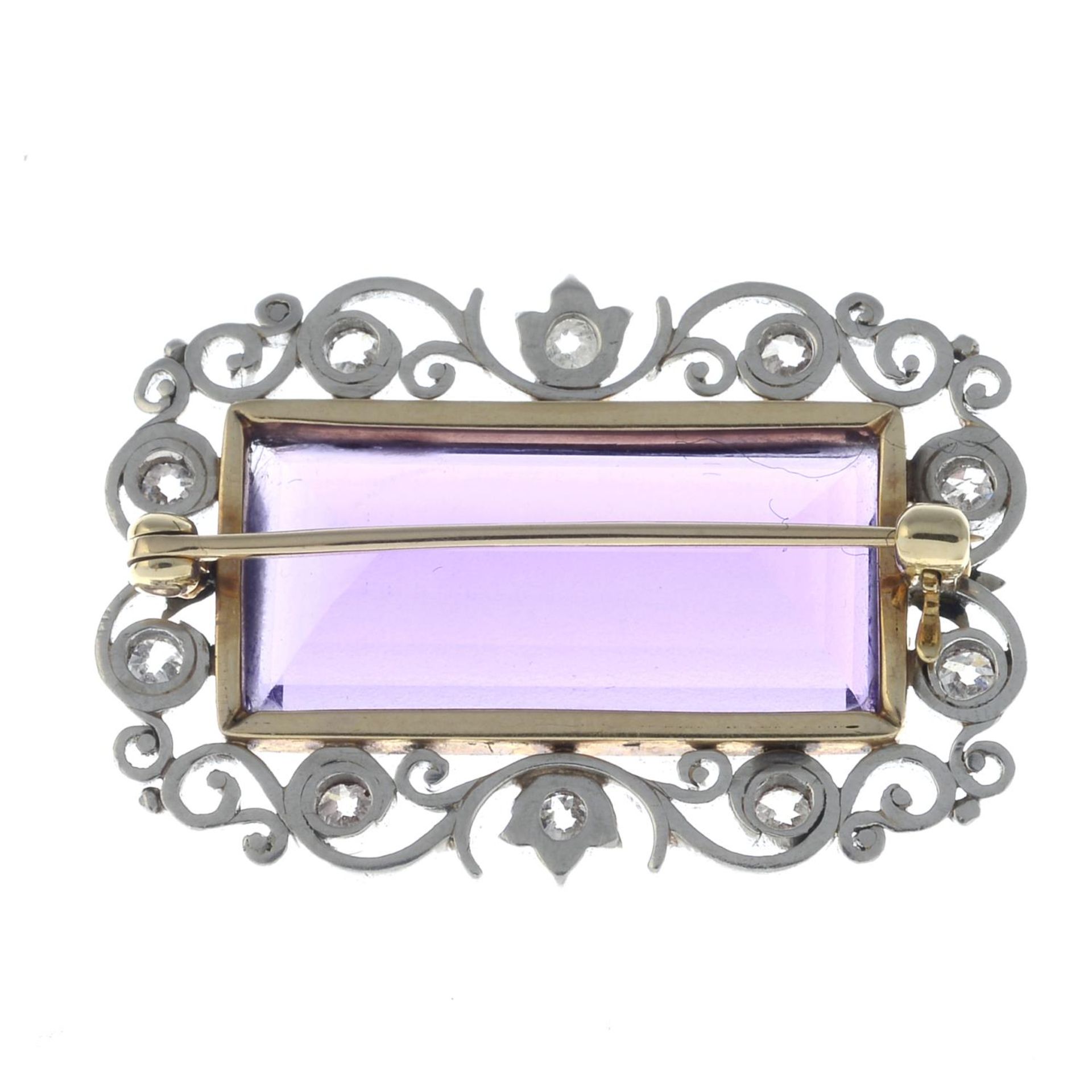 A rectangular-shape amethyst and old-cut diamond brooch.Amethyst calculated weight 13.87cts, - Bild 2 aus 2