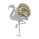 A brilliant-cut diamond and gem-set flamingo brooch.Gems include ruby,