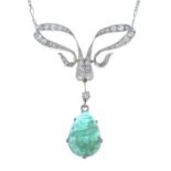 An early 20th century platinum emerald cabochon and old-cut diamond bow pendant,