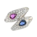 A pear-shape ruby, sapphire and brilliant-cut diamond snake ring.Ruby weight 0.46ct.