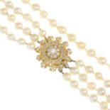 A cultured pearl three-row necklace,