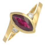 An 18ct gold marquise-shape ruby and brilliant-cut diamond three-stone ring.Ruby weight