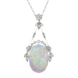 An early 20th century platinum opal and single and rose-cut diamond pendant,