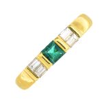 An 18ct gold square-shape emerald and baguette-cut diamond ring.Estimated total diamond weight