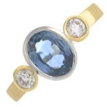 An 18ct gold oval-shape sapphire and brilliant-cut diamond three-stone ring.Sapphire weight