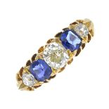 A late 19th century 18ct gold sapphire and old-cut diamond five-stone ring.Total sapphire weight
