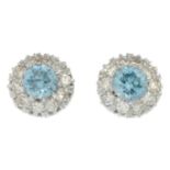 A pair of mid 20th century palladium circular-shape blue zircon and brilliant-cut diamond cluster