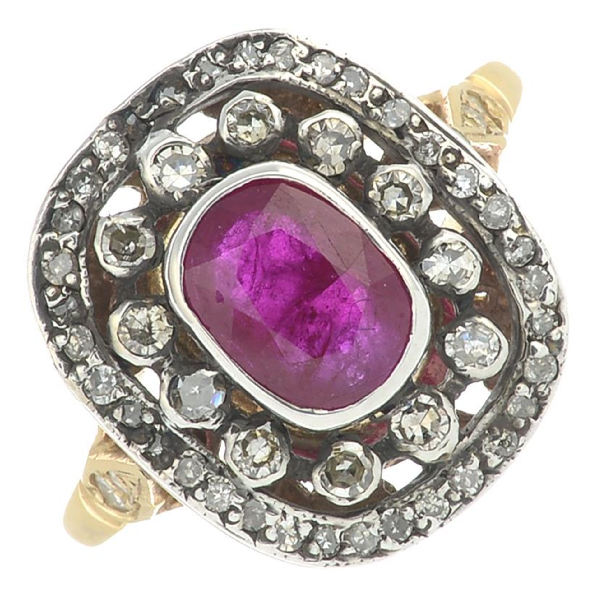 A cushion-shape ruby and single-cut diamond dress ring.Ruby calculated weight 0.75ct,