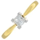 An 18ct gold square-shape diamond single-stone ring.Estimated diamond weight 0.35ct,