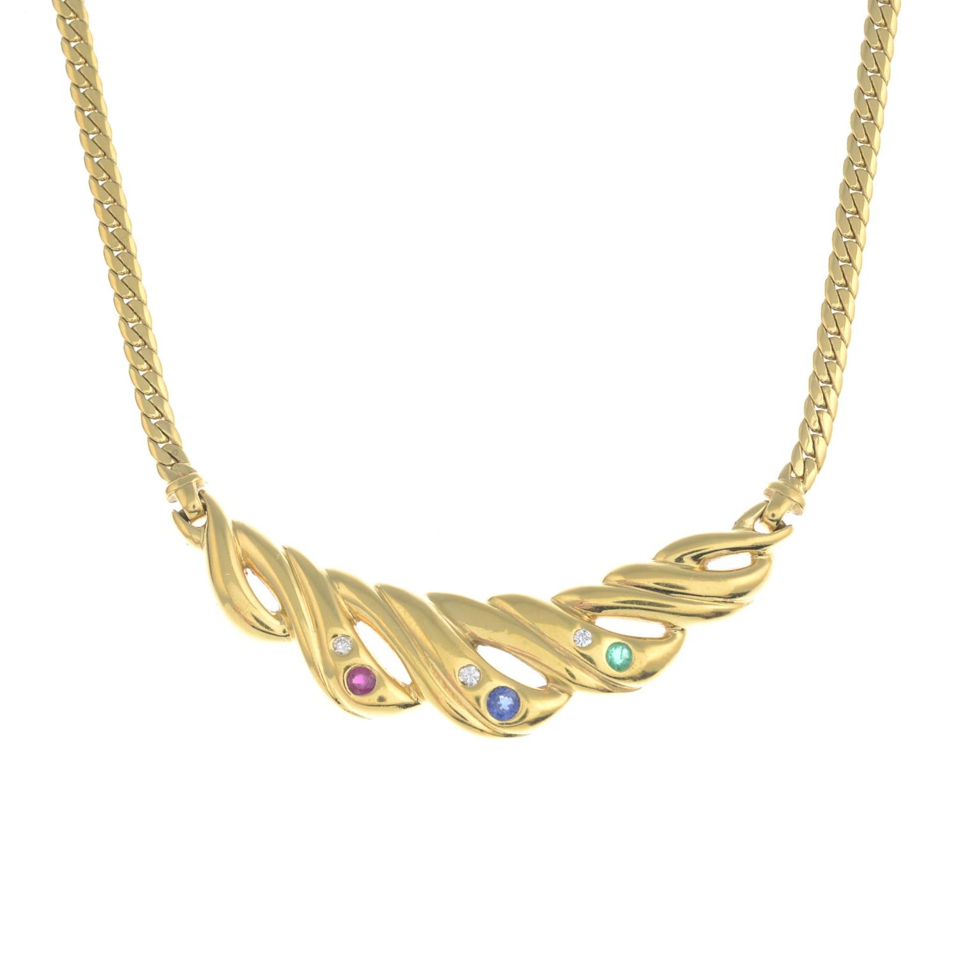 An 18ct gold gem-set and brilliant-cut diamond necklace.Gems include ruby,