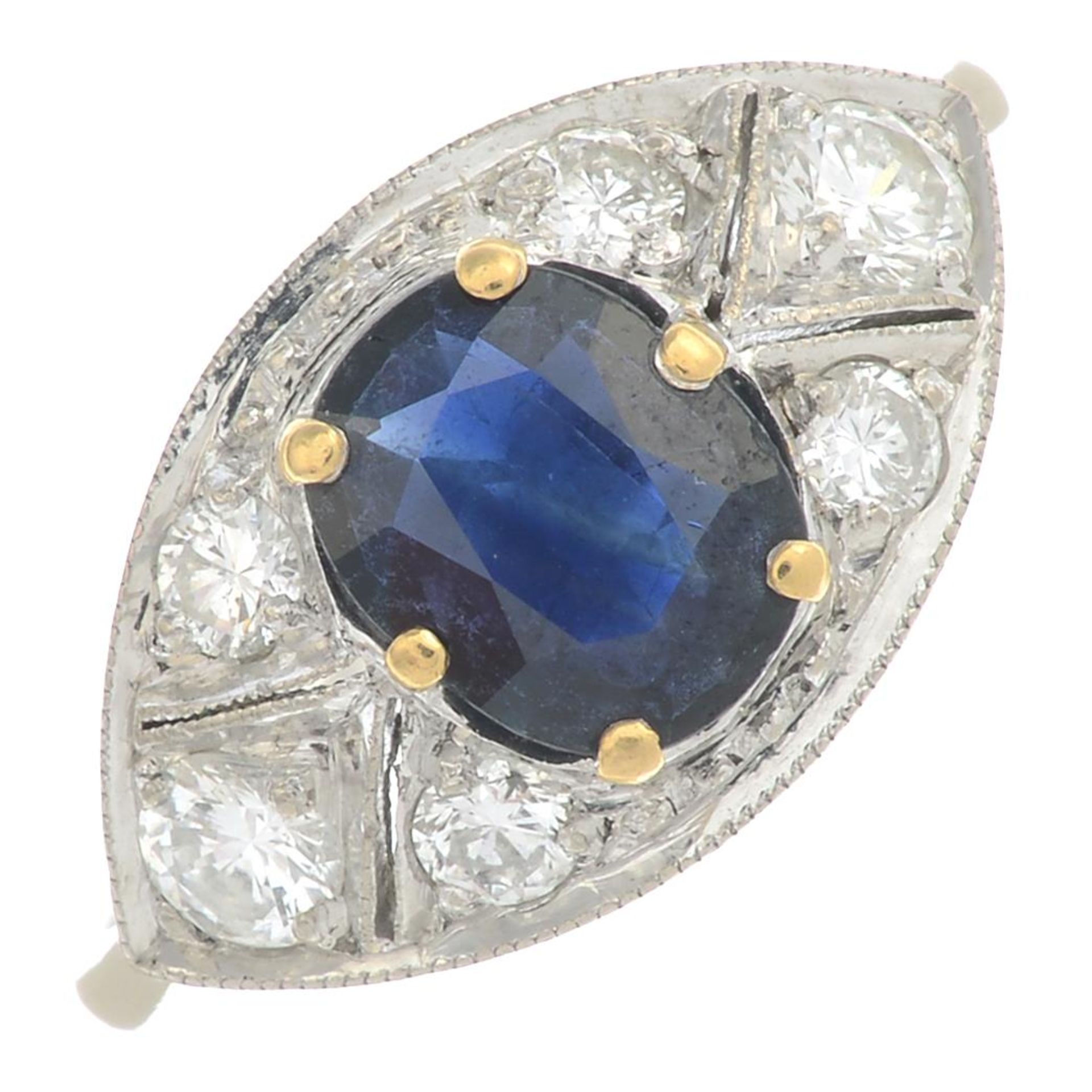 A sapphire and brilliant-cut diamond ring.Sapphire calculated dimensions 1.33cts,