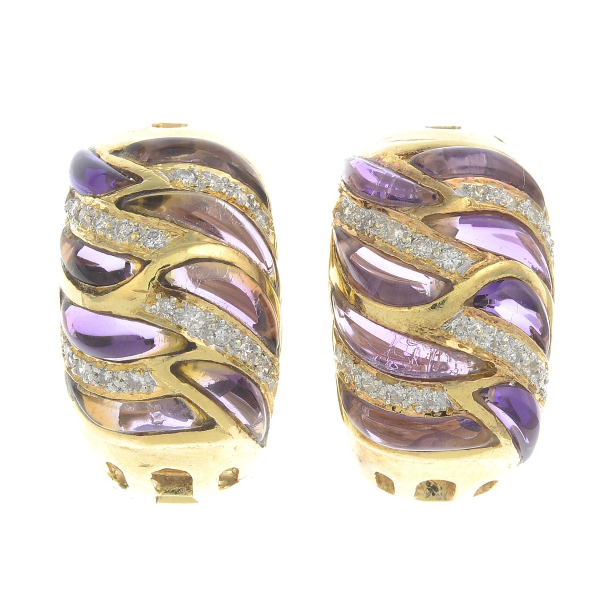 A pair of vari-shape amethyst and circular-cut diamond earrings.Estimated total diamond weight