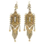 A pair of late 19th century split pearl drop earrings.Length 6cms.