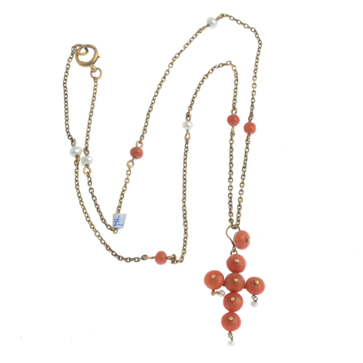 A 19th century gold coral and seed pearl pendant, with chain.Length of pendant 4cms. - Image 2 of 2