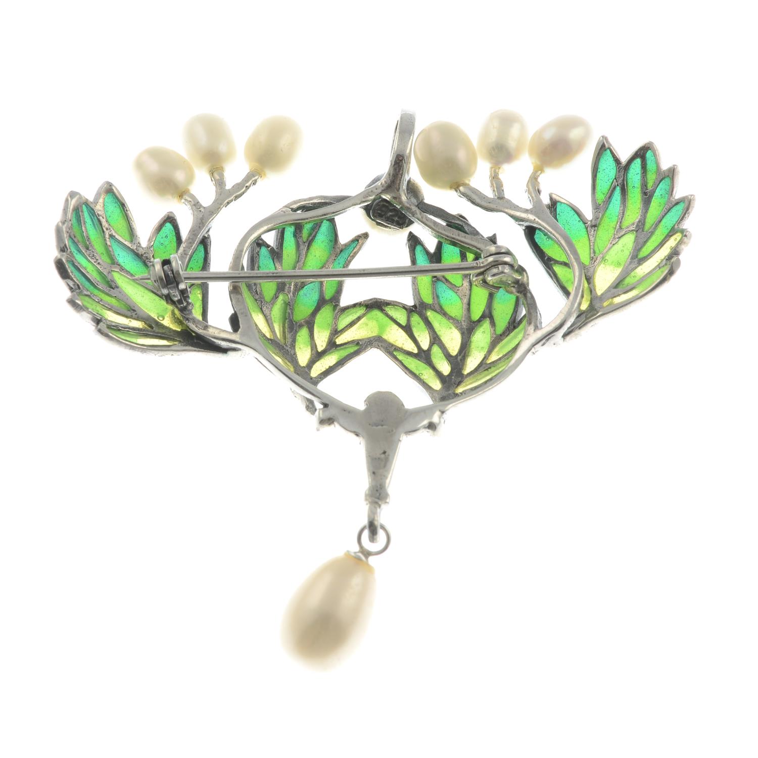 A cultured pearl and plique-a-jour enamel foliate brooch.May be worn as a pendant. - Image 2 of 2