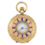 A late 19th century 14ct gold and enamel fob watch.Stamped 14K to inner case.Length 5cms.