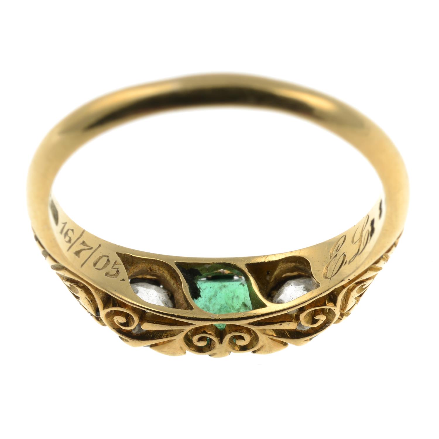 An early 20th century 18ct gold emerald and diamond three-stone ring.Estimated total diamond weight - Image 3 of 5