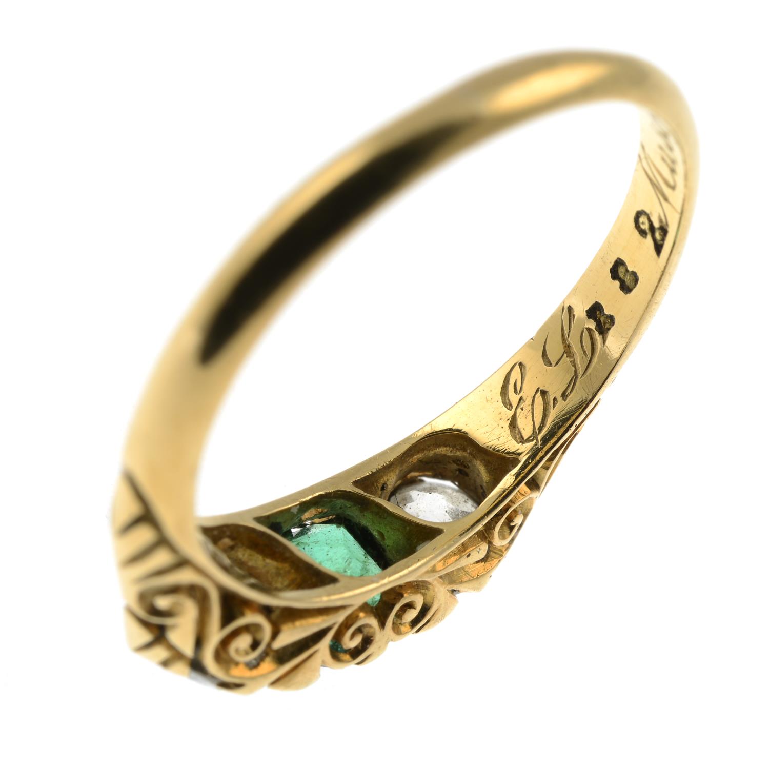An early 20th century 18ct gold emerald and diamond three-stone ring.Estimated total diamond weight - Image 4 of 5