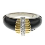 An onyx and brilliant-cut diamond bi-colour dress ring.Estimated total diamond weight 0.20ct.Ring