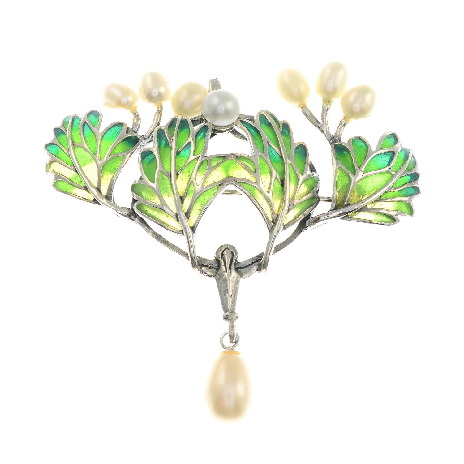 A cultured pearl and plique-a-jour enamel foliate brooch.May be worn as a pendant.