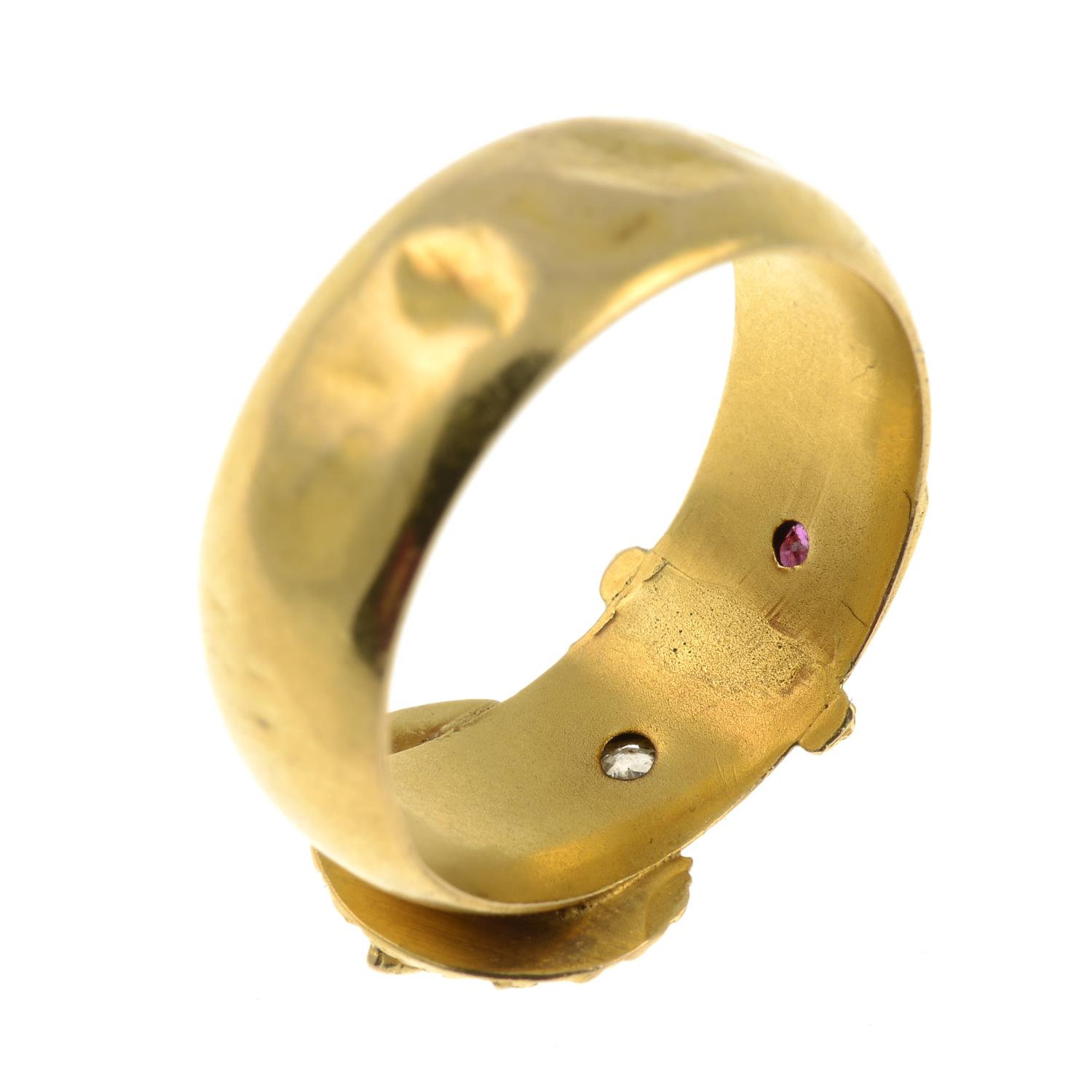 A late Victorian 18ct gold ruby and old-cut diamond buckle ring.Hallmarks for Birmingham, 1899. - Image 3 of 3