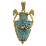 A green enamel pendant, designed to depict an urn.Stamped 750.