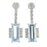 A pair of aquamarine and brilliant-cut diamond earrings.Estimated total diamond weight 0.55ct,