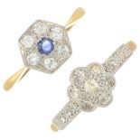 Two mid 20th century 18ct gold and platinum sapphire and vari-cut diamond cluster ringsEstimated