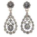 A pair of late Georgian silver and gold rose-cut diamond earrings.Length 4.5cms.