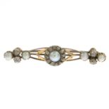 An early 20th century gold split pearl and old-cut diamond brooch.Estimated total diamond weight