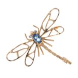 A blue topaz and diamond dragonfly brooch.Length 3.4gms.