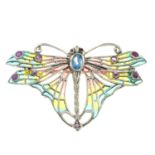 A ruby, blue topaz and plique-a-jour enamel butterfly brooch.May be worn as a pendant.