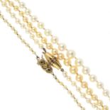 Three cultured and seed pearl single-strand necklaces.Two with 9ct gold clasp,